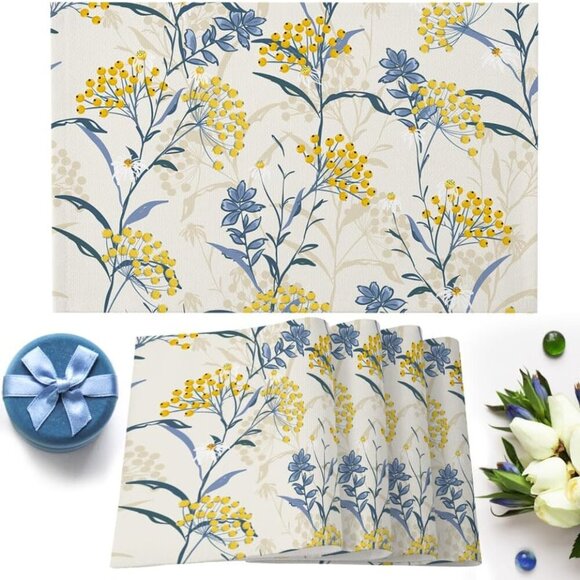 Dining Table Placemats Set Of 6Cotton Linen,Vintage Floral Plant,Heat Resistant - Picture 1 of 8